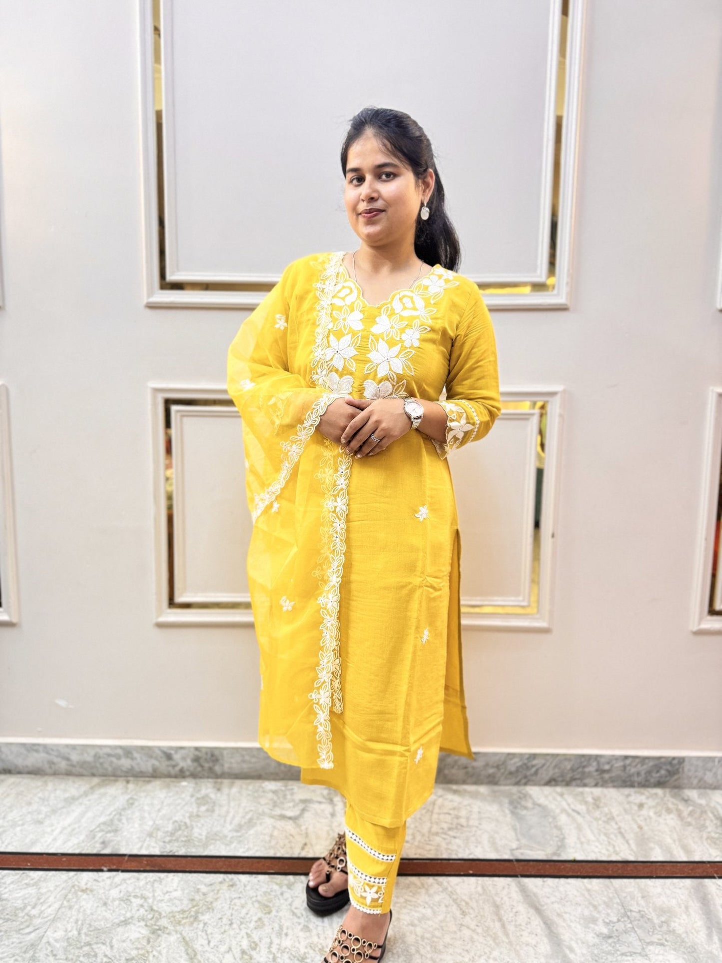 Yellow Embroidered Kurta Set with Sheer Dupatta - Brisora, view 2 of 10