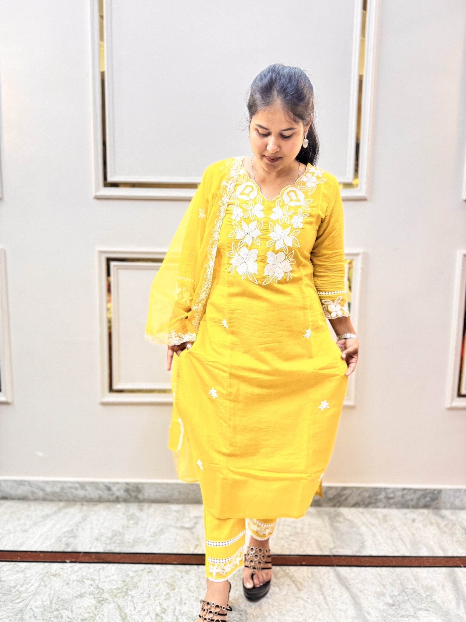 Yellow Embroidered Kurta Set with Sheer Dupatta - Brisora, view 3 of 10