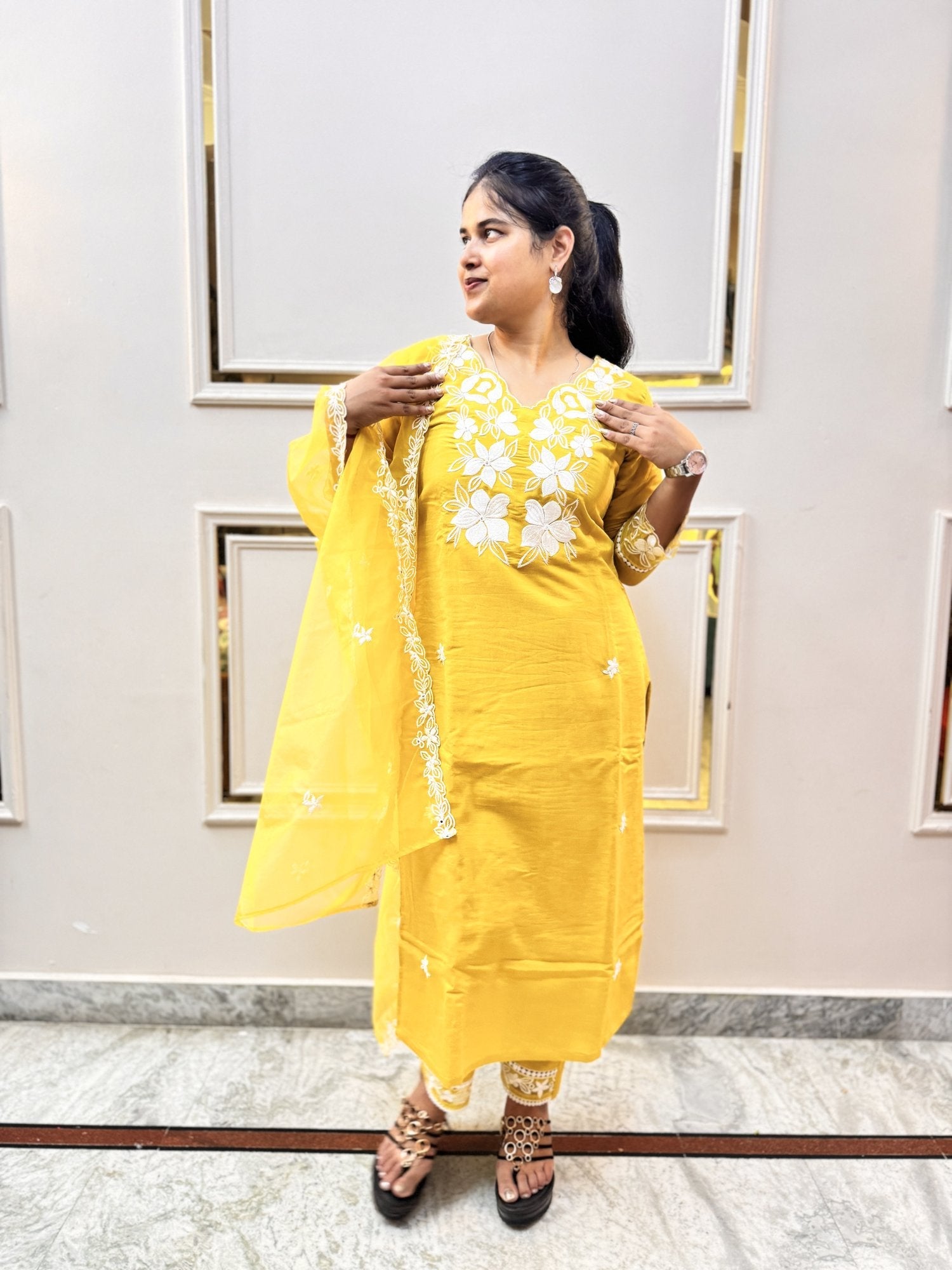 Yellow Embroidered Kurta Set with Sheer Dupatta - Brisora, view 4 of 10