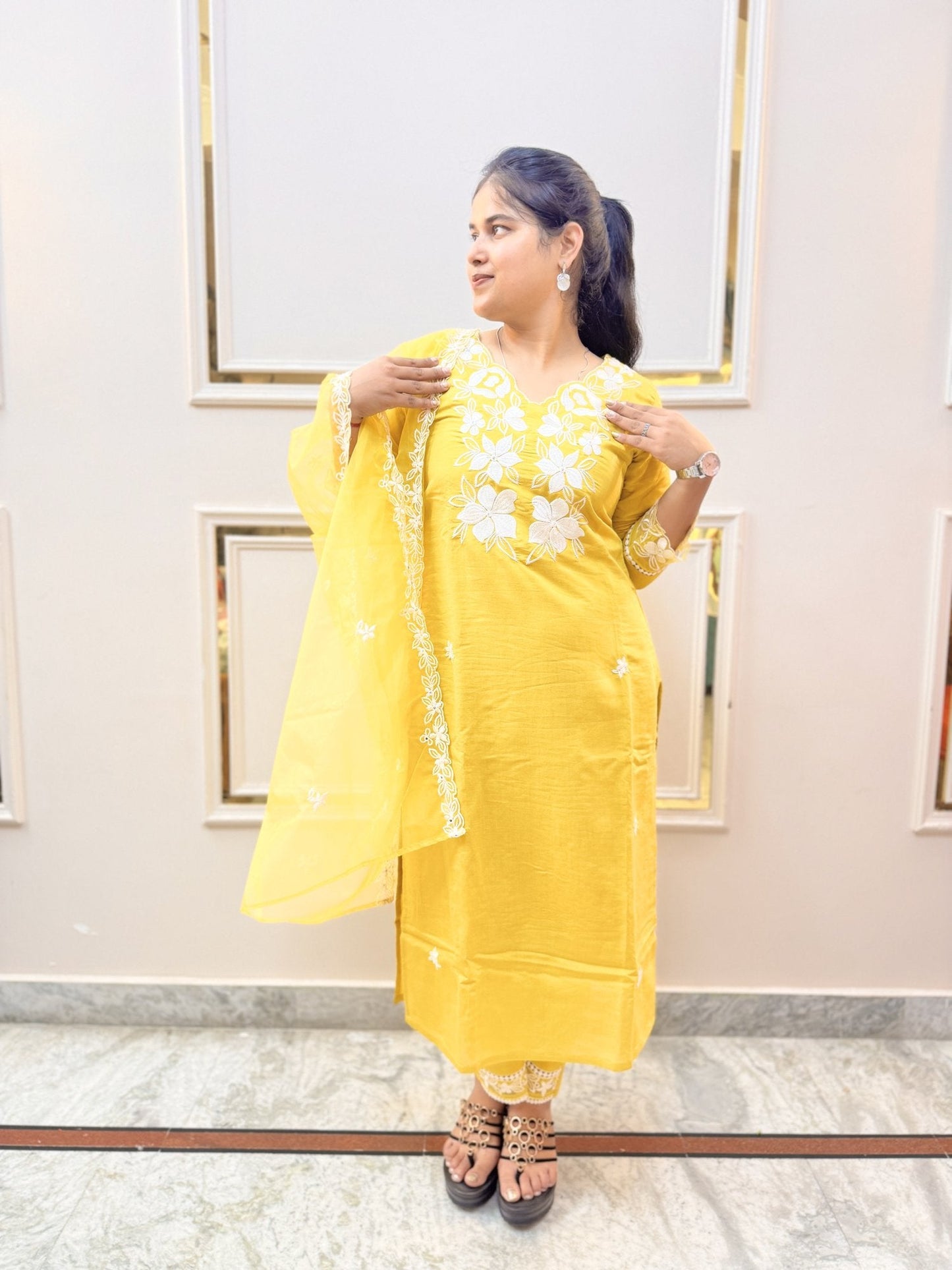 Yellow Embroidered Kurta Set with Sheer Dupatta - Brisora, view 5 of 10