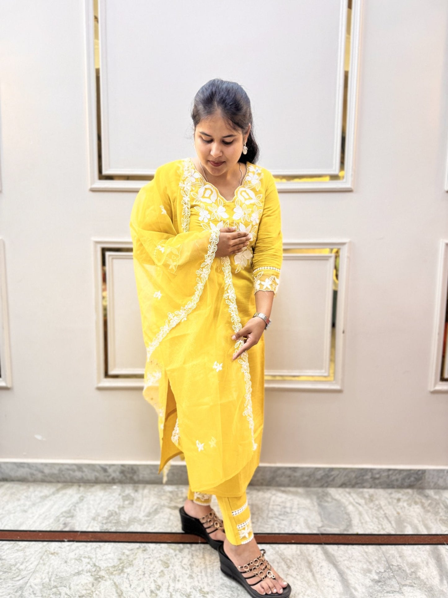 Yellow Embroidered Kurta Set with Sheer Dupatta - Brisora, view 6 of 10