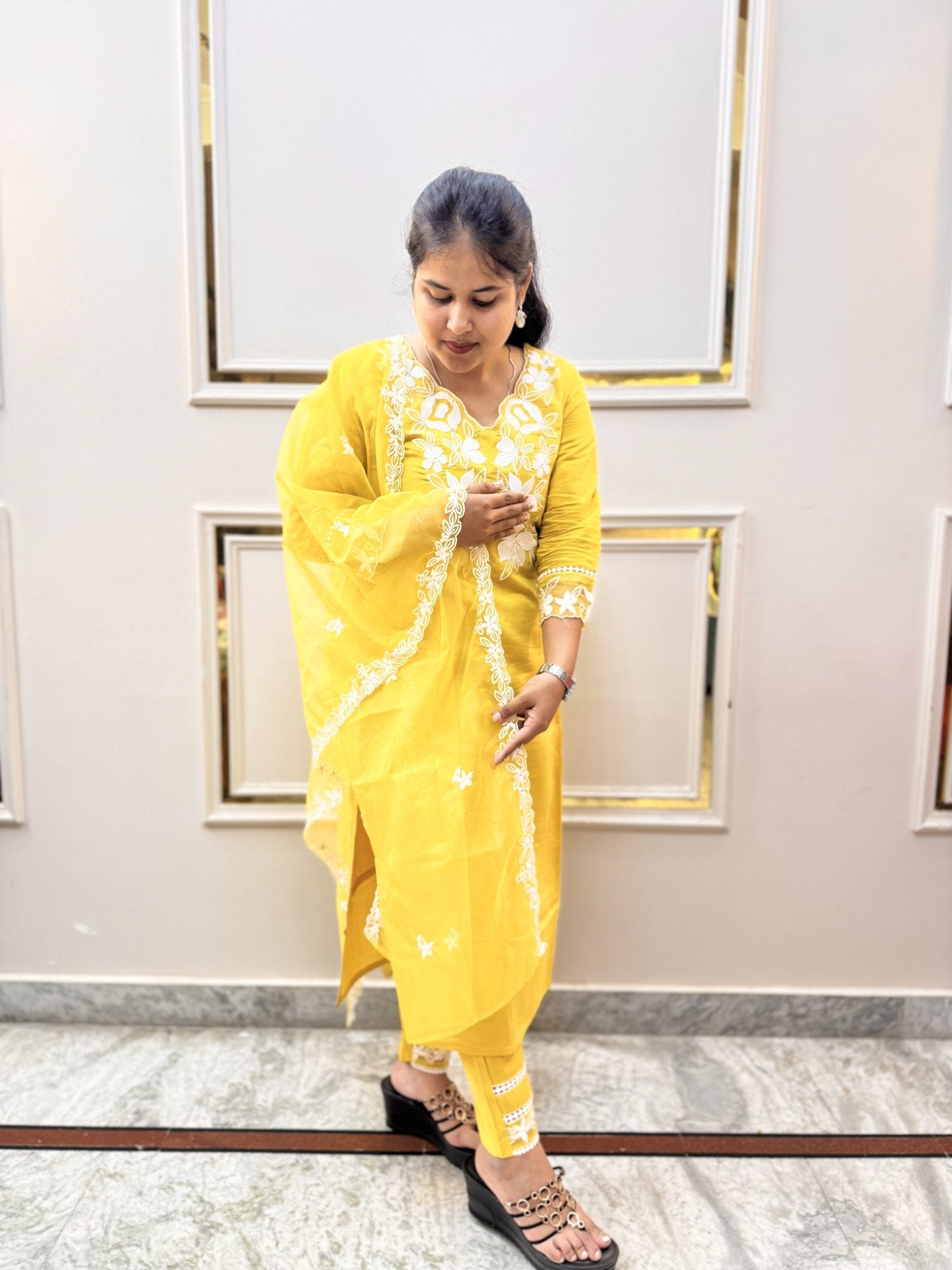 Yellow Embroidered Kurta Set with Sheer Dupatta - Brisora, view 6 of 10