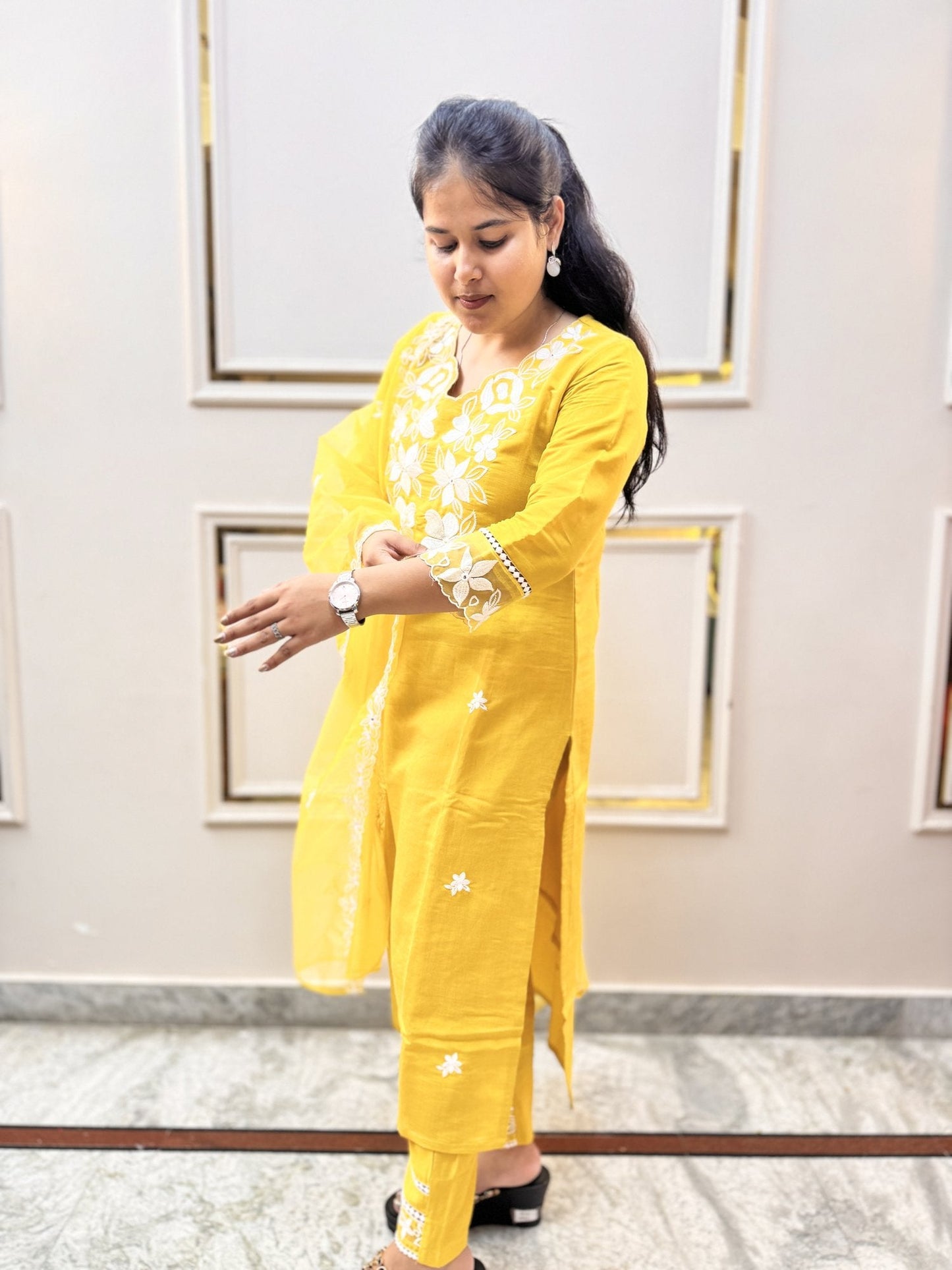 Yellow Embroidered Kurta Set with Sheer Dupatta - Brisora, view 7 of 10