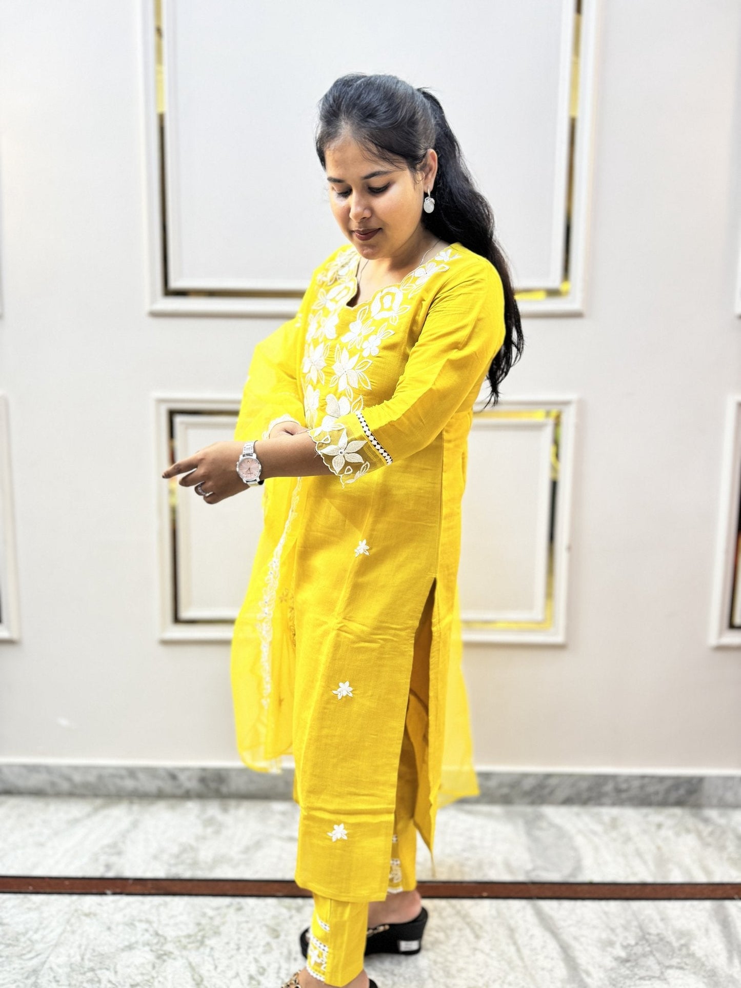 Yellow Embroidered Kurta Set with Sheer Dupatta - Brisora, view 8 of 10