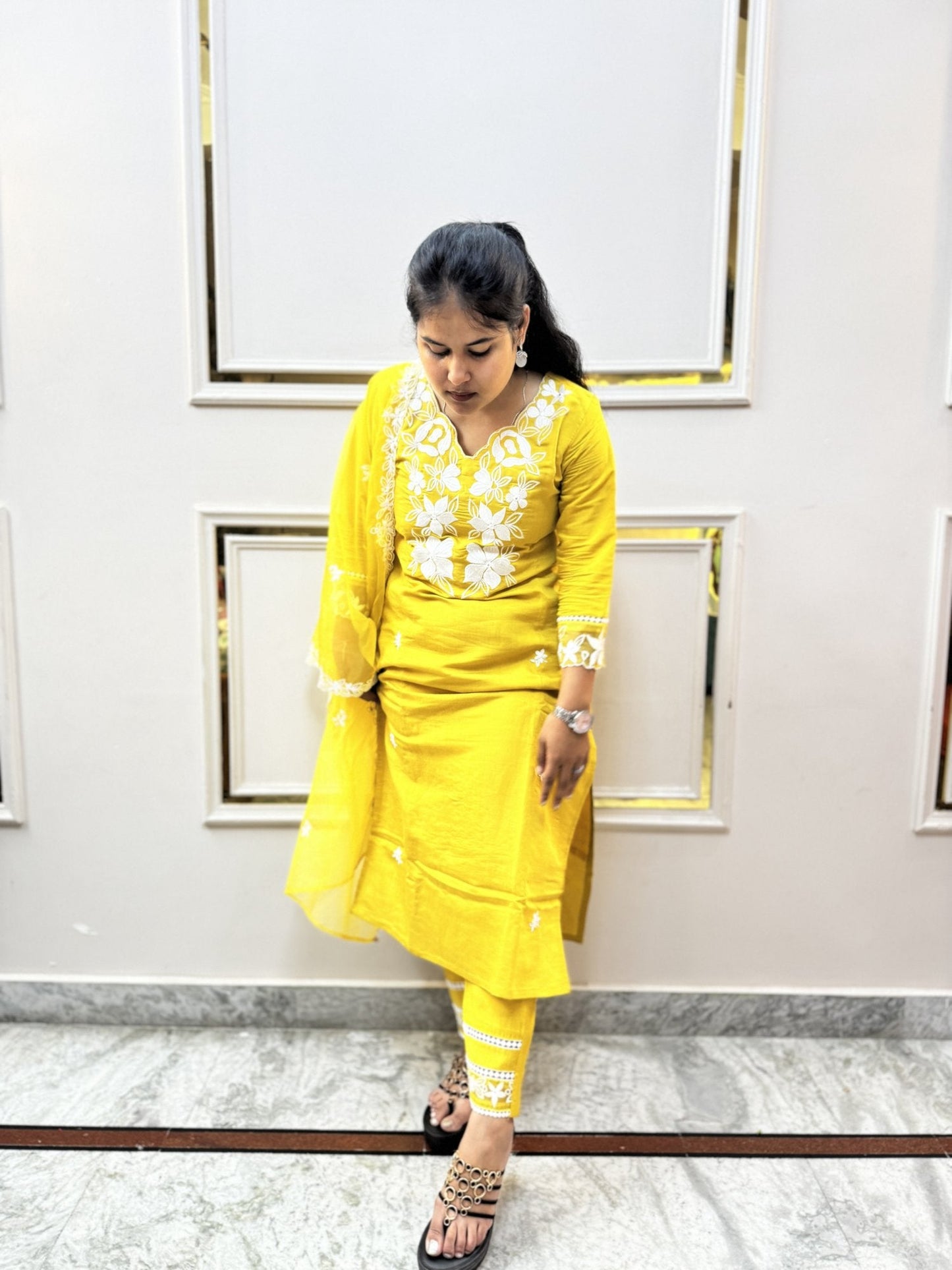 Yellow Embroidered Kurta Set with Sheer Dupatta - Brisora, view 9 of 10
