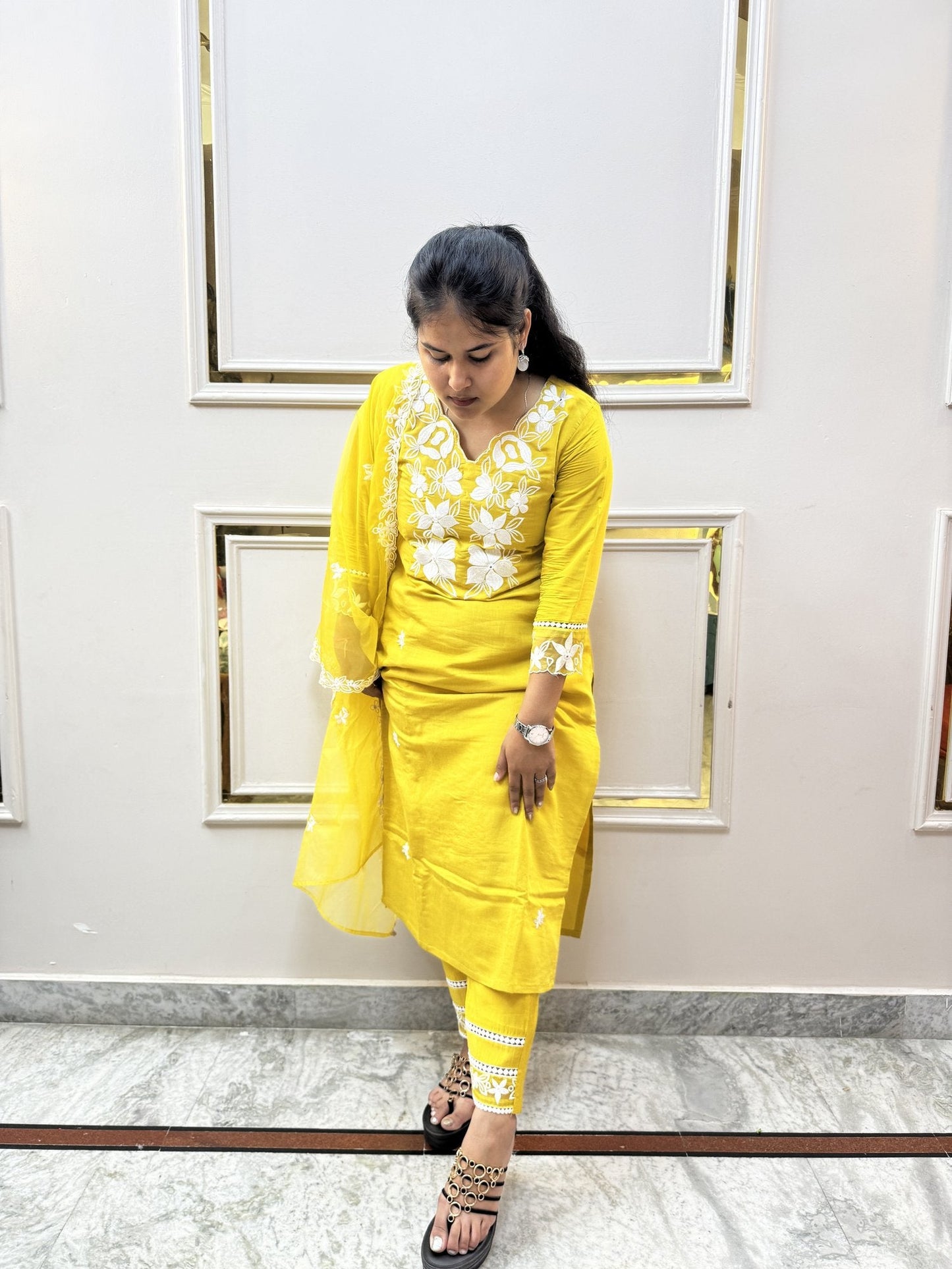 Yellow Embroidered Kurta Set with Sheer Dupatta - Brisora, view 10 of 10