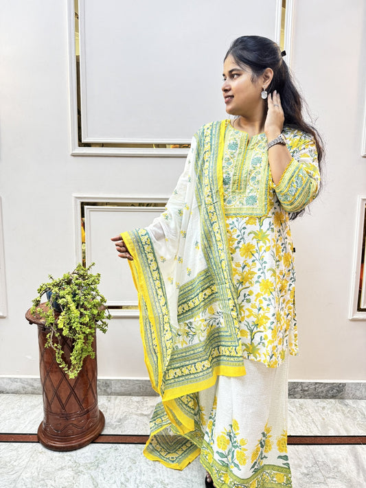 Yellow Floral Print Cotton Kurta Set with Palazzo - Brisora, view 1 of 10