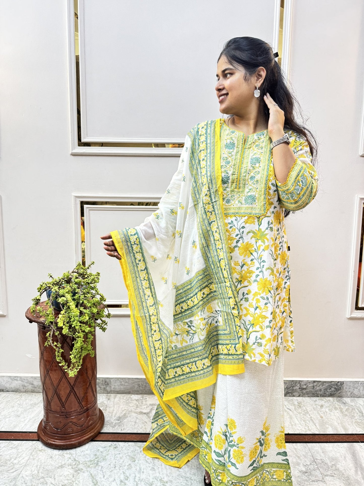 Yellow Floral Print Cotton Kurta Set with Palazzo - Brisora, view 2 of 10