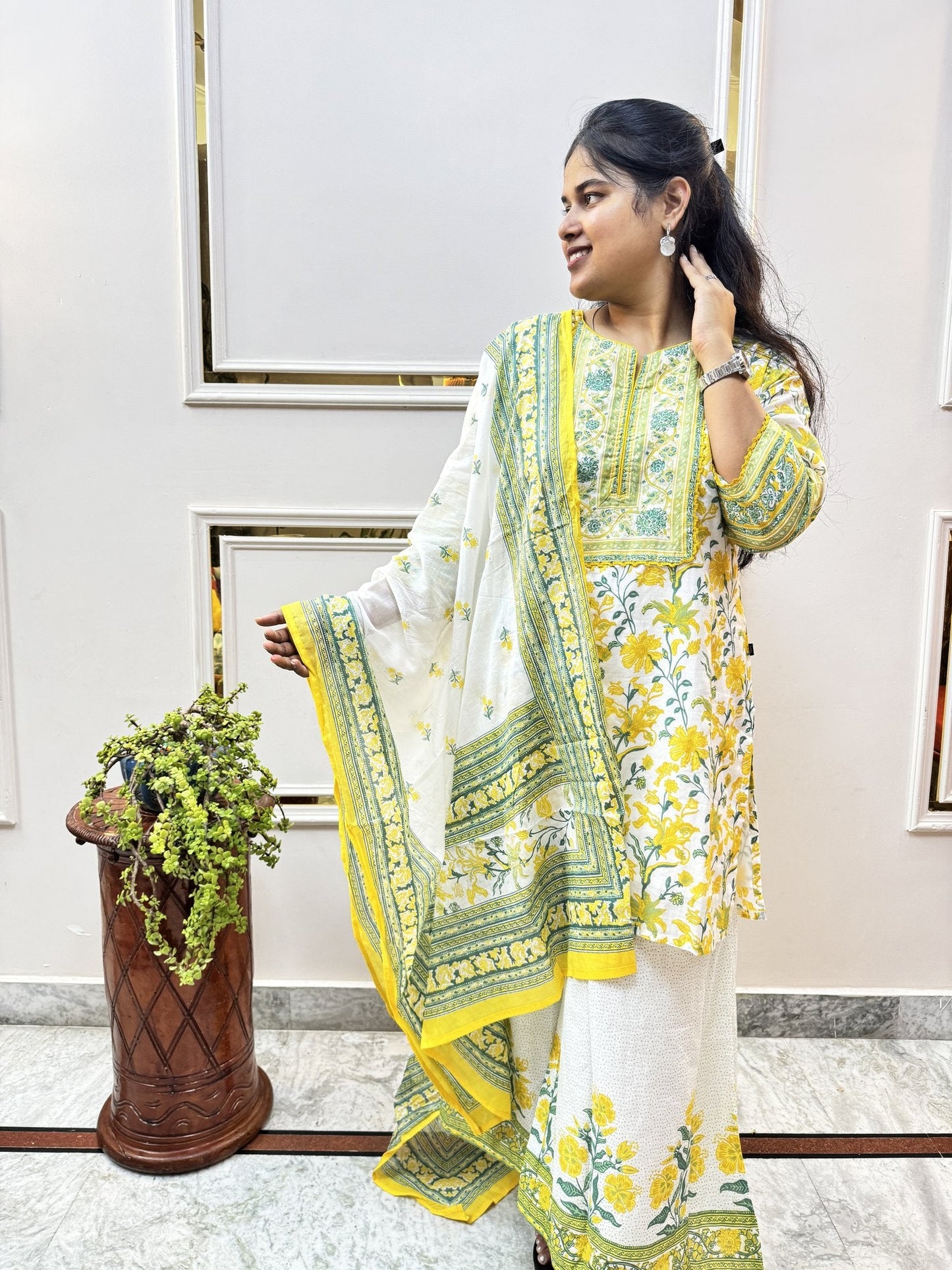 Yellow Floral Print Cotton Kurta Set with Palazzo - Brisora, view 3 of 10