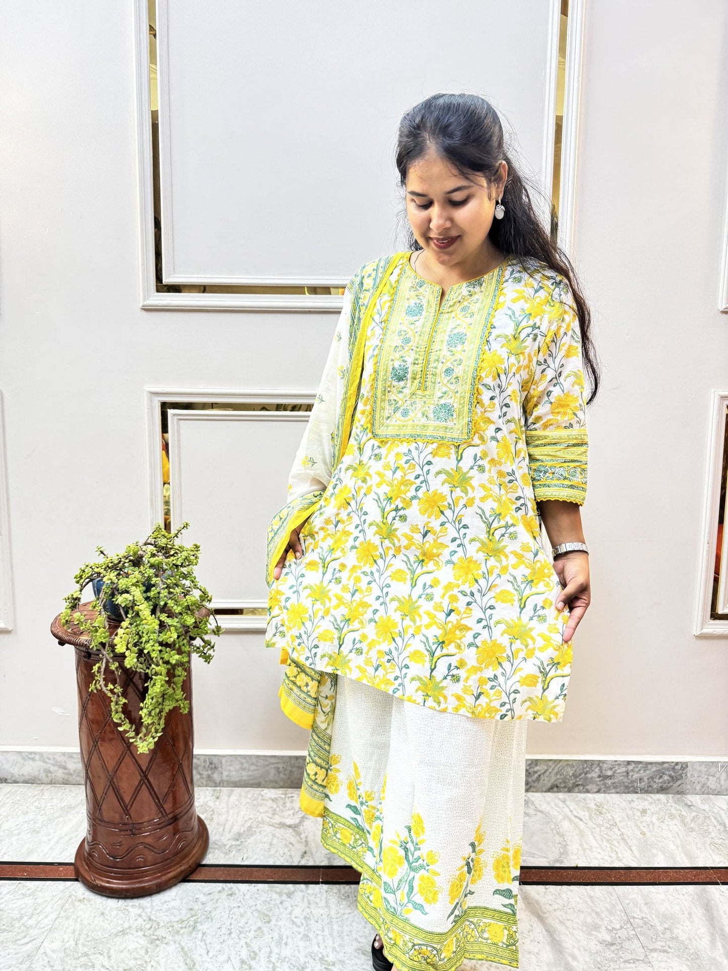 Yellow Floral Print Cotton Kurta Set with Palazzo - Brisora, view 4 of 10