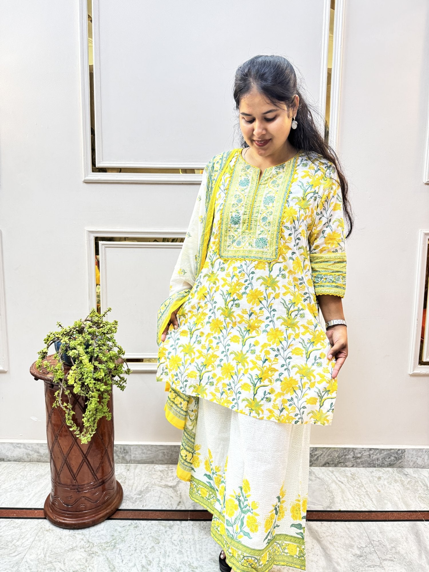 Yellow Floral Print Cotton Kurta Set with Palazzo - Brisora, view 4 of 10