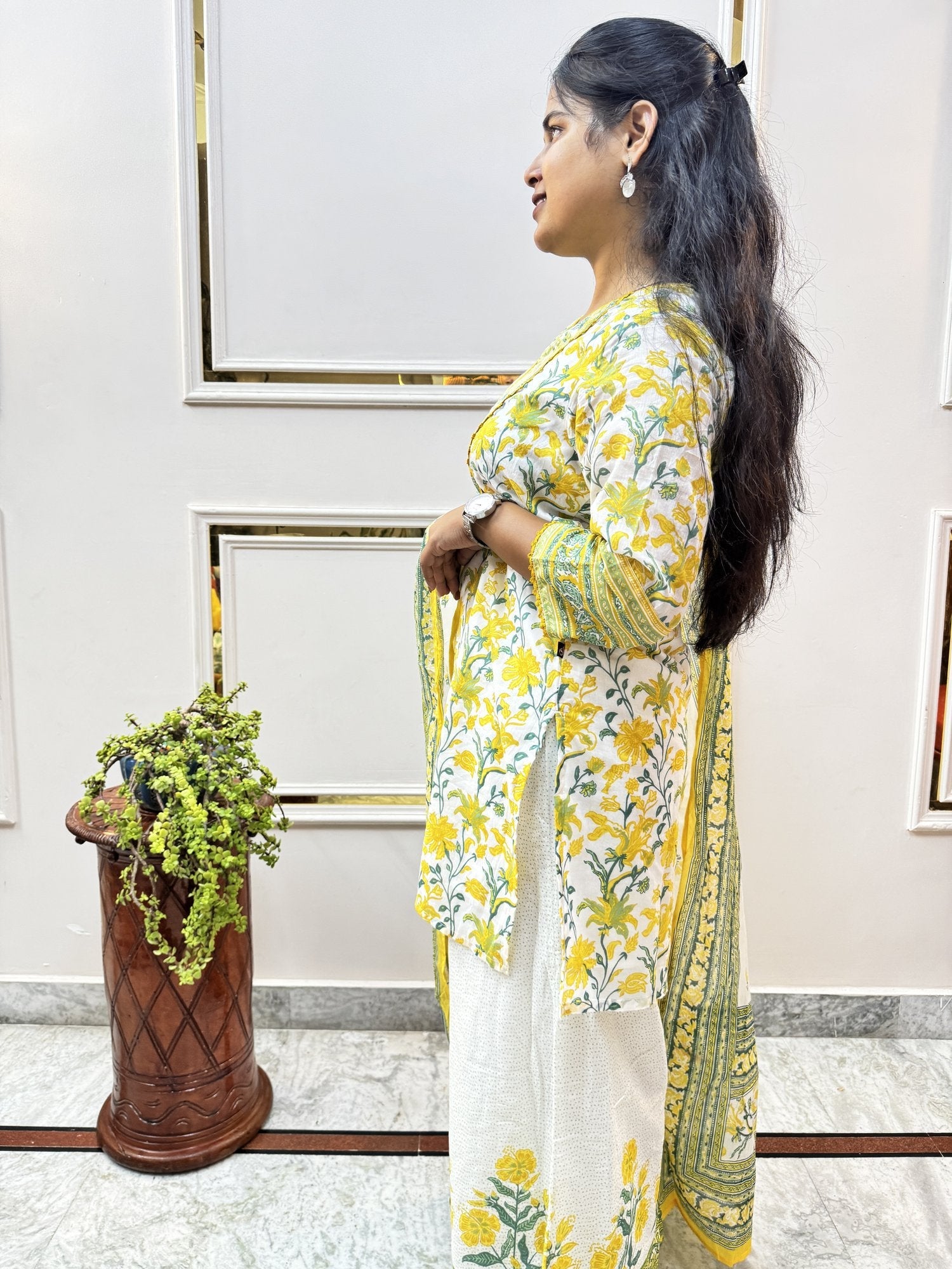 Yellow Floral Print Cotton Kurta Set with Palazzo - Brisora, view 6 of 10