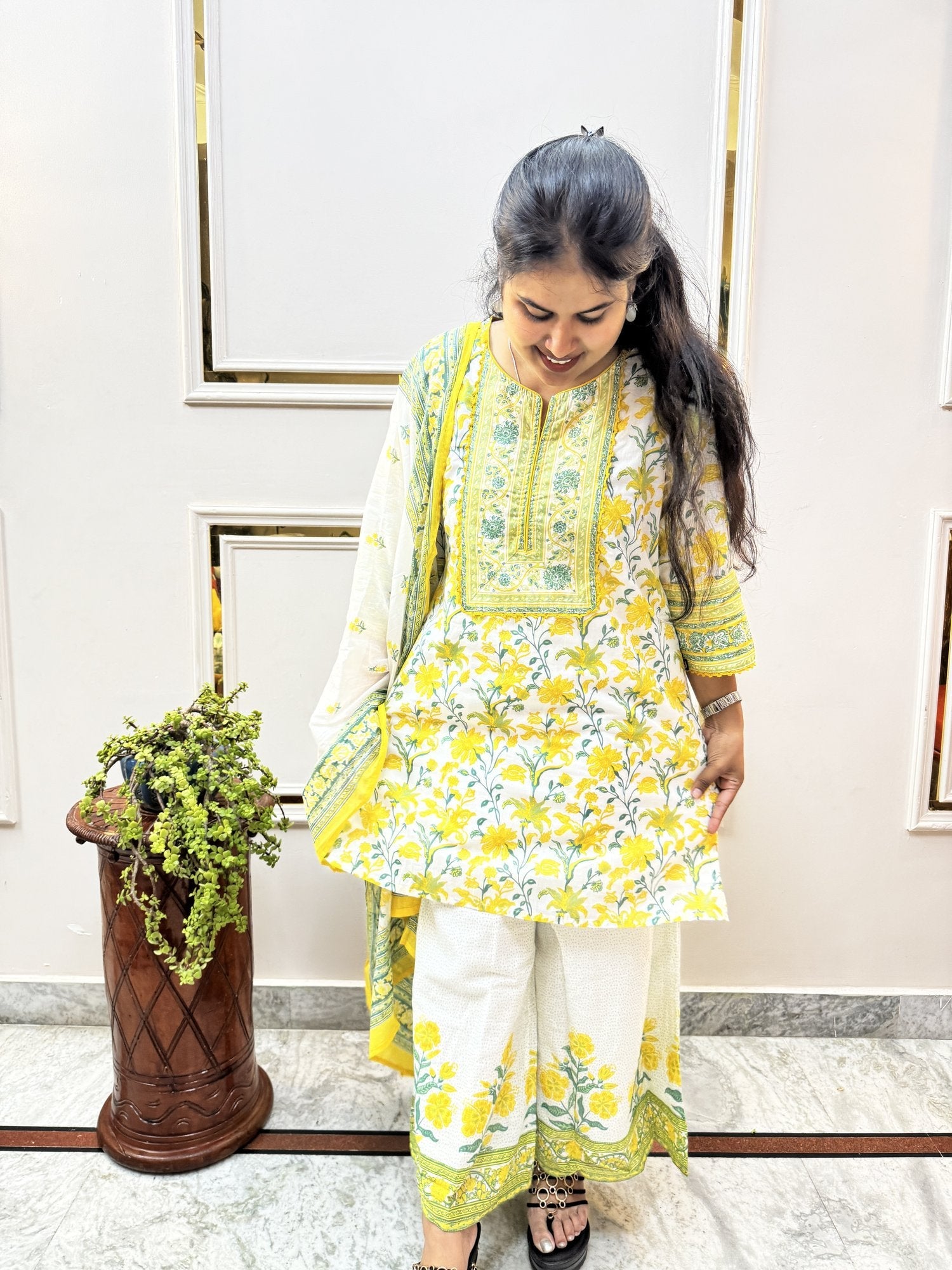 Yellow Floral Print Cotton Kurta Set with Palazzo - Brisora, view 8 of 10