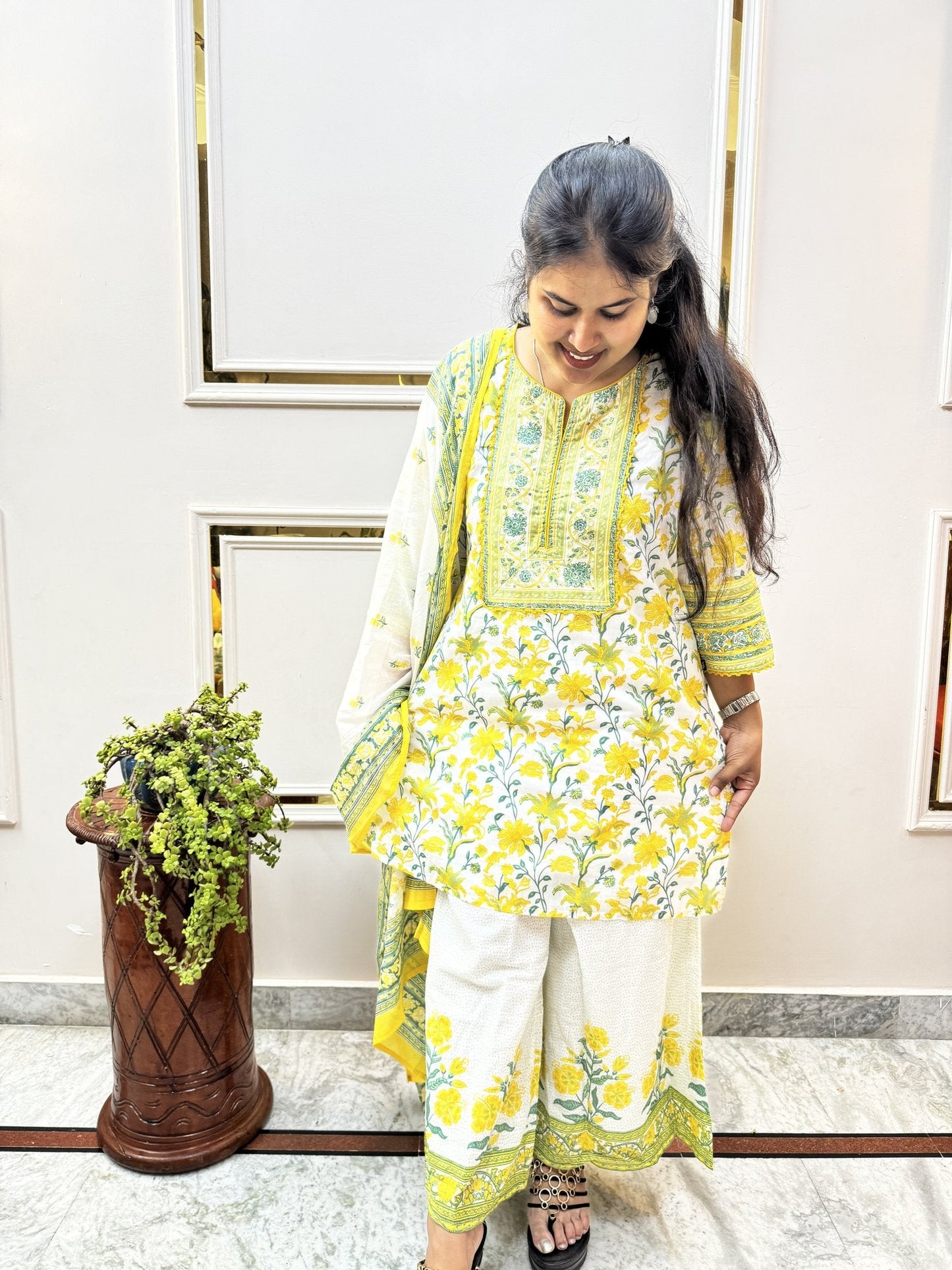 Yellow Floral Print Cotton Kurta Set with Palazzo - Brisora, view 9 of 10
